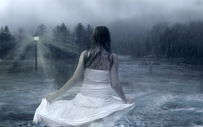 Fantasy girl in the rainy night, water, lamps, trees Wallpapers Pictures Photos Images