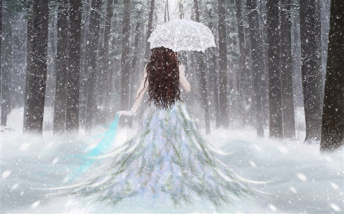 Fantasy girl in the winter forest, snow, umbrella, back view Wallpapers Pictures Photos Images