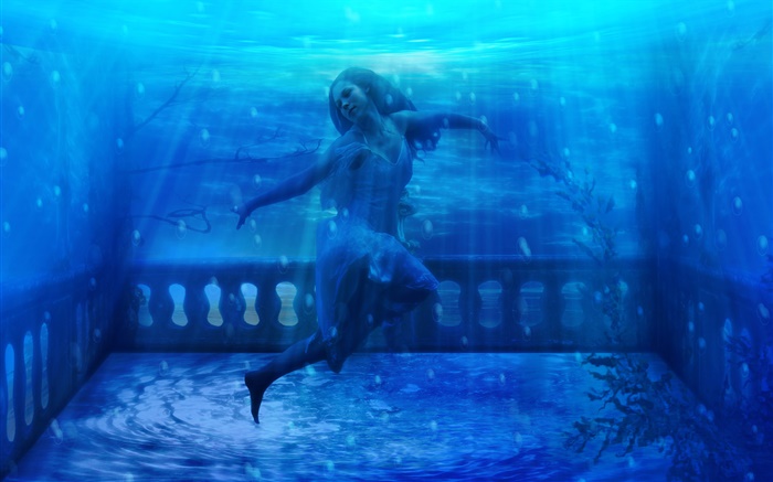 Fantasy girl in underwater, blue water Wallpapers Pictures Photos Images