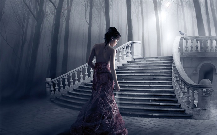 Fantasy girl, night, stairs, trees Wallpapers Pictures Photos Images