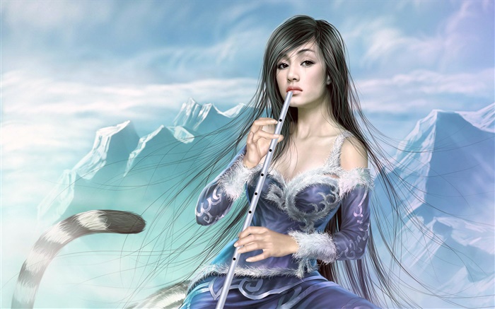Fantasy girl play flute, tail Wallpapers Pictures Photos Images