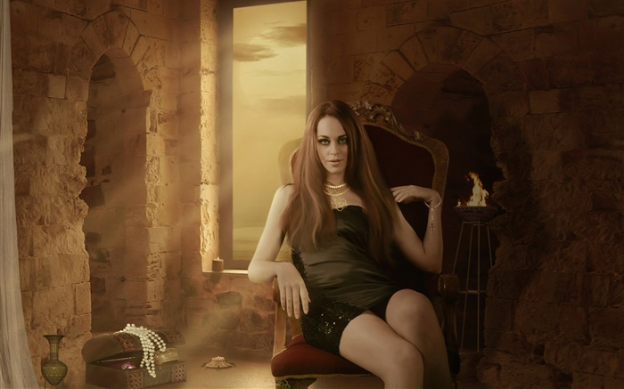 Fantasy girl sit at chair, room, candle, jewelry Wallpapers Pictures Photos Images
