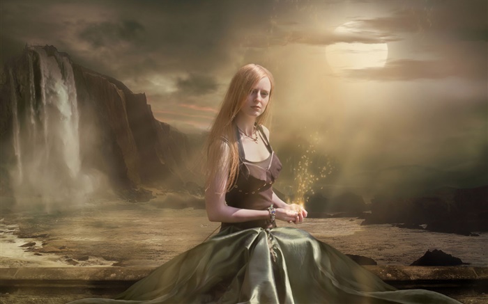 Fantasy girl sit down, magic, moon Wallpapers Pictures Photos Images