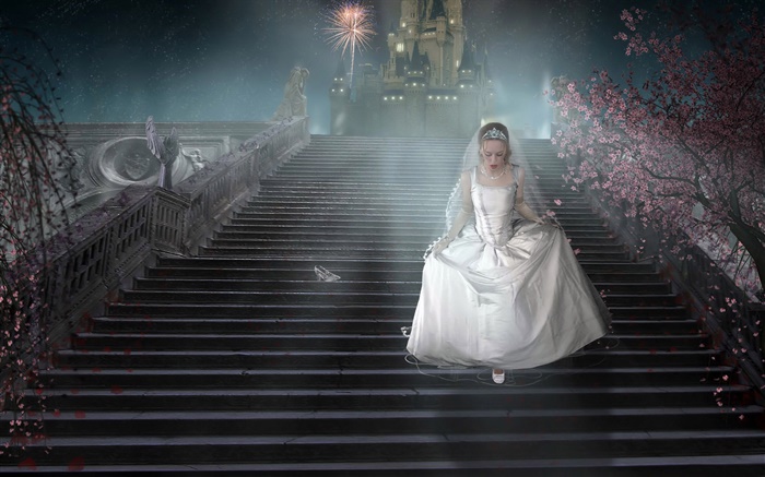 Fantasy girl, white dress, stairs, shoes Wallpapers Pictures Photos Images