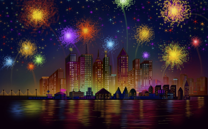 Festival fireworks, city, night, buildings, vector Wallpapers Pictures Photos Images