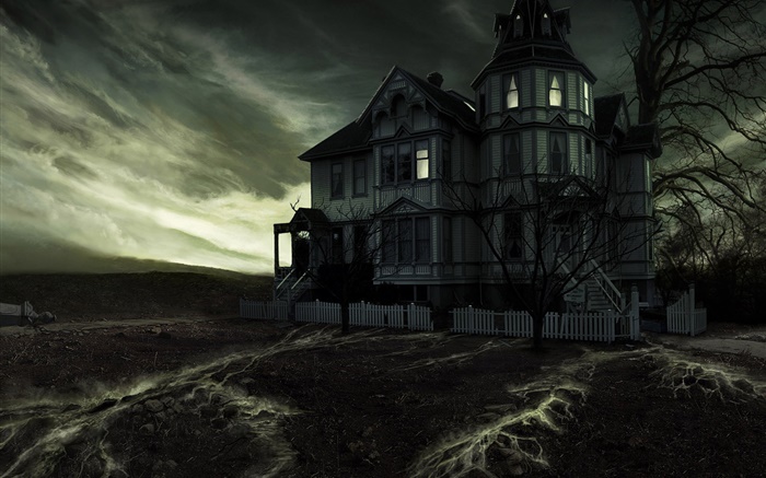 Ghost castle, night, trees, creative design Wallpapers Pictures Photos Images