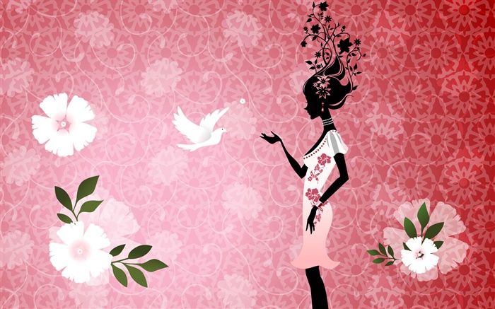 Girl and pigeon, bird, flowers, pink background, vector design pictures Wallpapers Pictures Photos Images