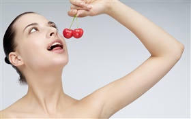 Girl eat cherry HD wallpaper
