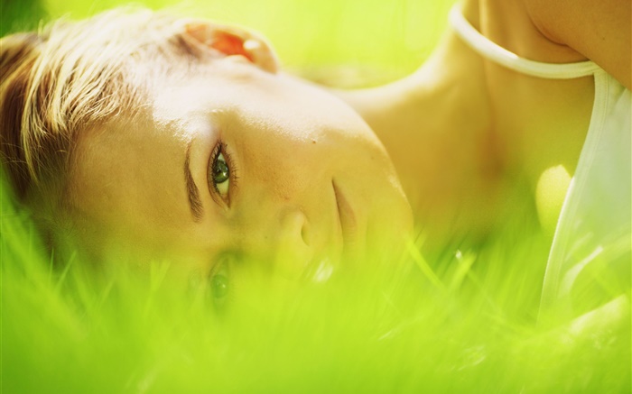 Girl lay in grass, green Wallpapers Pictures Photos Images