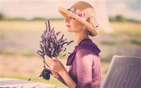 Girl with lavender flower, hat, chair HD wallpaper