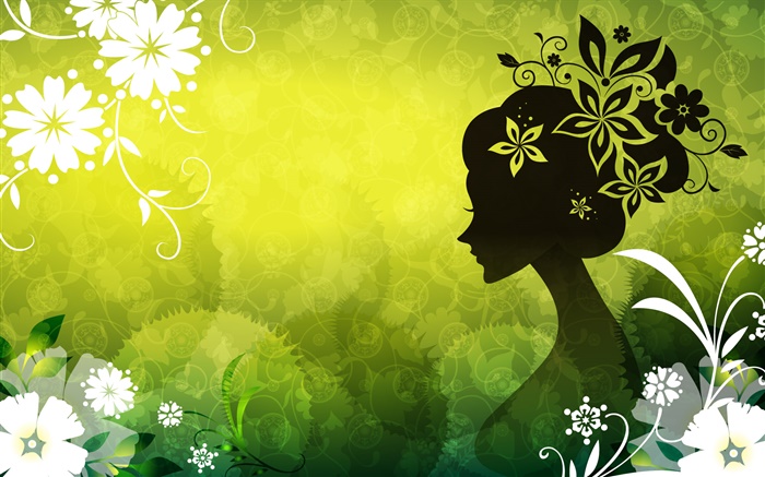 Green background, beautiful vector girl, flowers Wallpapers Pictures Photos Images