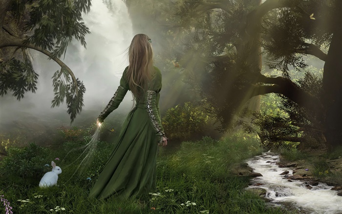 Green dress fantasy girl in the forest, white rabbit Wallpapers Pictures Photos Images
