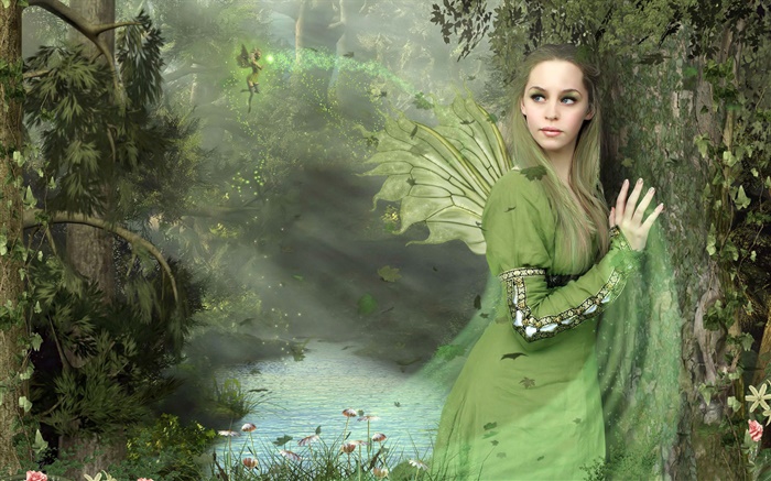 Green dress fantasy girl, wings, fairy Wallpapers Pictures Photos Images