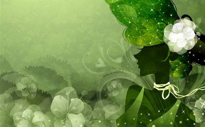 Green style background, vector girl, flowers Wallpapers Pictures Photos Images