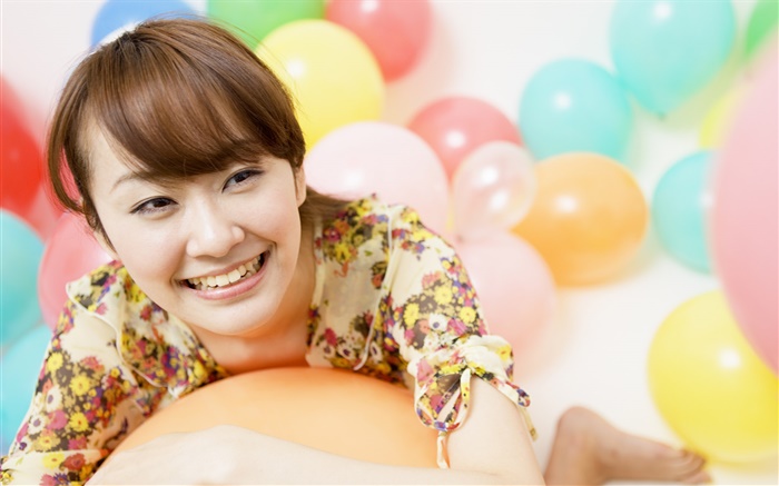 Happy Asian girl, colorful balloons Wallpapers Pictures Photos Images