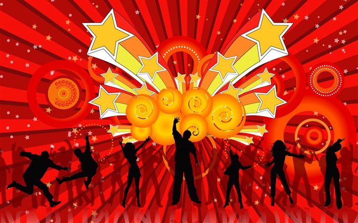 Happy, music, stars, people, red background, vector design Wallpapers Pictures Photos Images