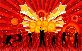 Happy, music, stars, people, red background, vector design