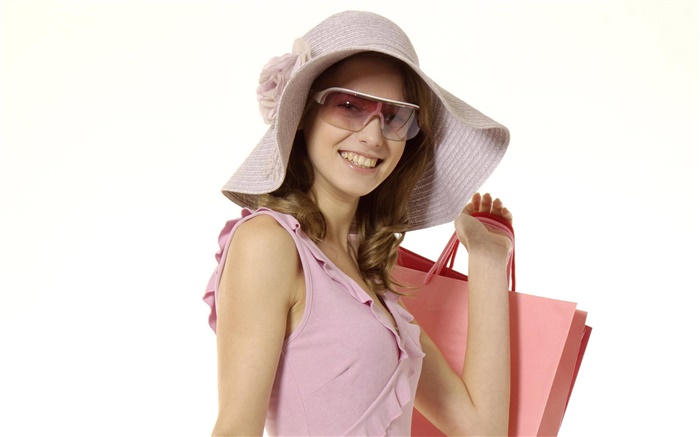 Happy shopping girl, pink dress, hat, sunglass Wallpapers Pictures Photos Images