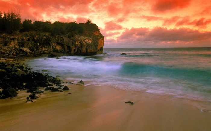 Hawaii, USA, beach, coast, sea, red sky, sunset Wallpapers Pictures Photos Images