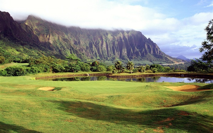 Hawaii, USA, golf course, grass, mountains, trees, lake, clouds Wallpapers Pictures Photos Images