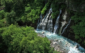 Hokkaido, Japan, waterfalls, creek, cliff, plants HD wallpaper