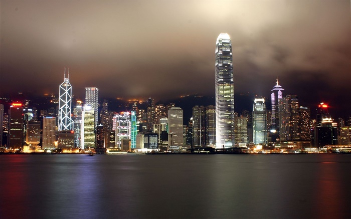 Hong Kong, beautiful city, skyscrapers, night, lights, river Wallpapers Pictures Photos Images