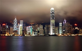 Hong Kong, beautiful city, skyscrapers, night, lights, river