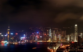 Hong Kong, beautiful night, city, skyscrapers, lights, sea