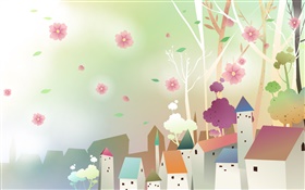 Houses, town, flowers, spring, vector design HD wallpaper