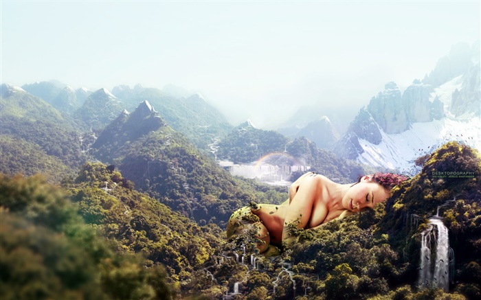 Huge girl, sleep on mountains, creative design Wallpapers Pictures Photos Images