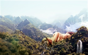 Huge girl, sleep on mountains, creative design HD wallpaper