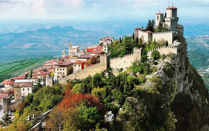 Italy, town, mountains, city, castle, cliff Wallpapers Pictures Photos Images