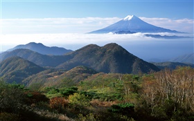 Japan nature landscape, Mount Fuji, mountains, clouds HD wallpaper