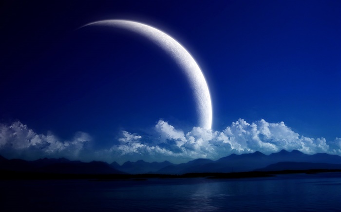 Lake, mountains, clouds, night, planets Wallpapers Pictures Photos Images