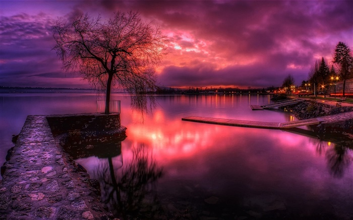 Lake, red sky, sunset, clouds, trees, lamps Wallpapers Pictures Photos Images