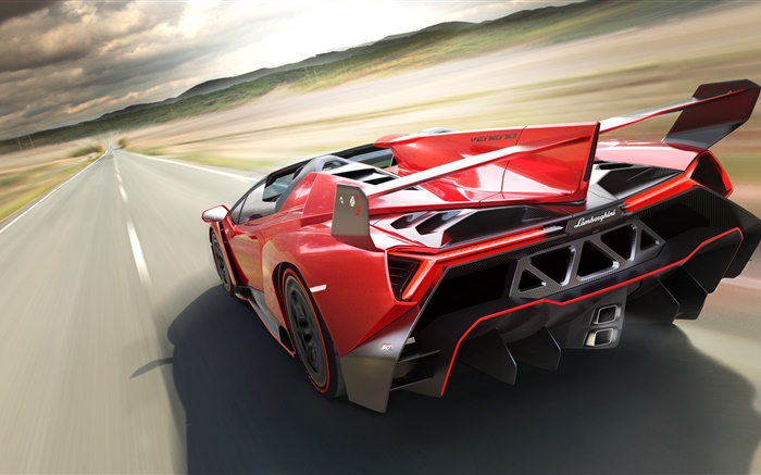 Lamborghini red supercar, rear view, speed Wallpapers Pictures Photos Images