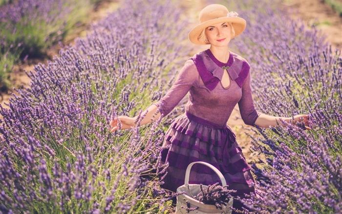 Lavender flowers field, blonde girl, hat, basket Wallpapers Pictures Photos Images