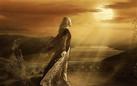 Magic fantasy girl, dawn, sun, clouds HD wallpaper