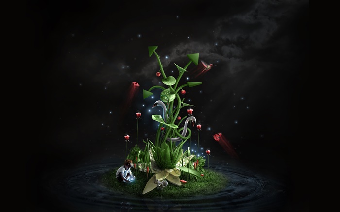 Magical plants, child, flowers, butterfly, creative design Wallpapers Pictures Photos Images