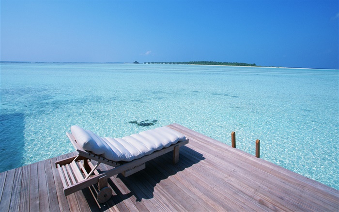 Maldives, dock, chair, sea Wallpapers Pictures Photos Images