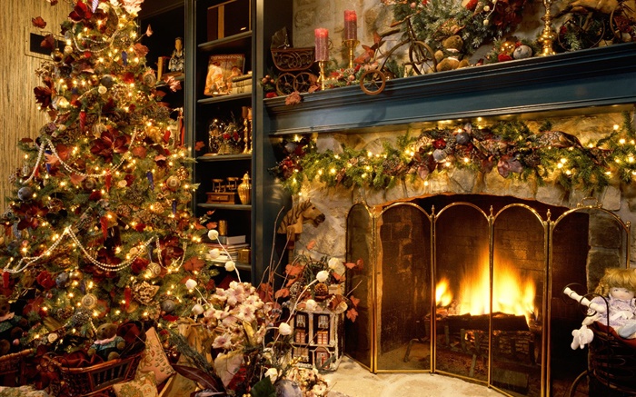 Merry Christmas, balls, decoration, fireplace, lights, warm Wallpapers Pictures Photos Images