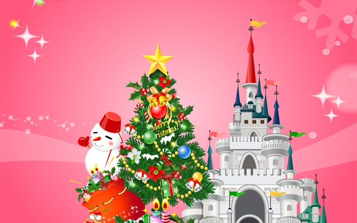 Merry Christmas, vector design, tree, snowman, gifts, castle Wallpapers Pictures Photos Images