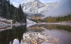 Morning, fog, lake, mountains, water reflection HD wallpaper