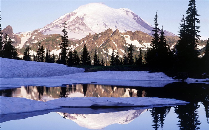Mount Rainier, Tipsoo Lake, mountain, trees, snow, Washington, USA Wallpapers Pictures Photos Images
