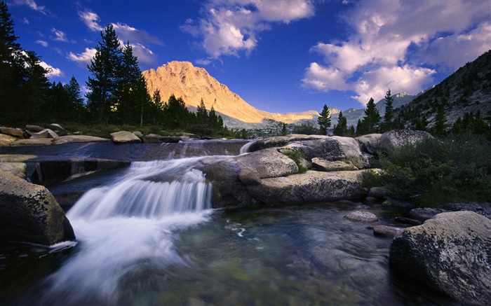 Mountain, rocks, river, trees, clouds Wallpapers Pictures Photos Images