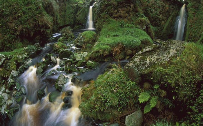 Mountain, stones, waterfalls, grass, moss Wallpapers Pictures Photos Images