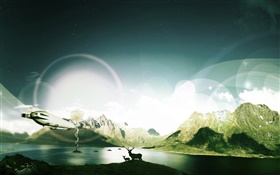 Mountains, lake, deers, light, creative design HD wallpaper