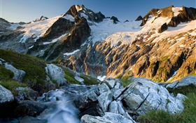 Mountains, rocks, creek, snow HD wallpaper