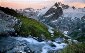 Mountains, snow, creek, Glacier Peak Wilderness, Washington, United States HD wallpaper