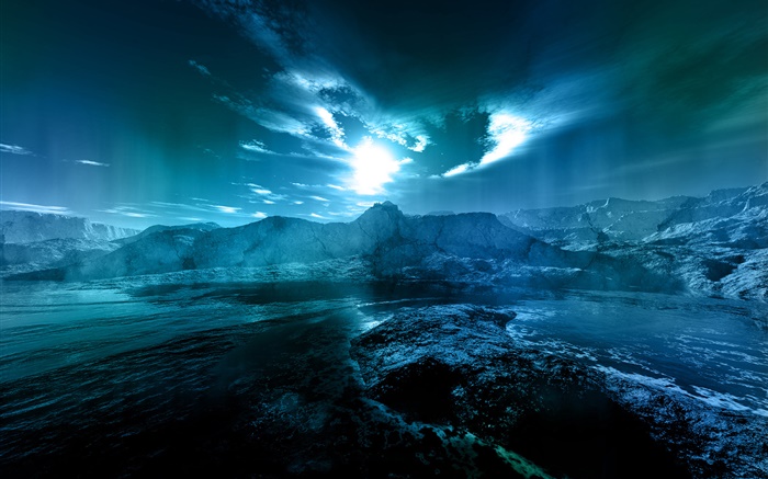 Night landscape, sea, coast, water, moon, clouds, blue style Wallpapers Pictures Photos Images